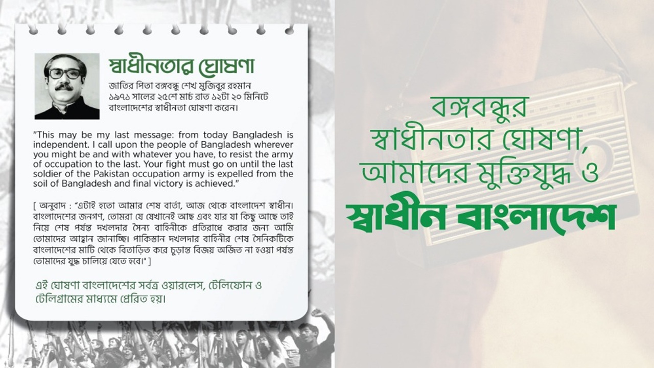 বঙ্গবন্ধুর স্বাধীনতার ঘোষণা,আমাদের মুক্তিযুদ্ধ ও স্বাধীন বাংলাদেশ